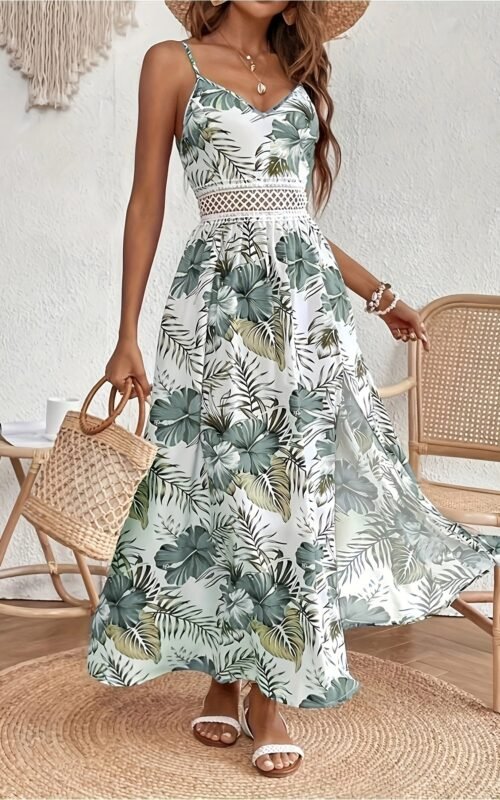 Gufumart Slit Printed V-Neck Cami Dress - Front view on mannequin