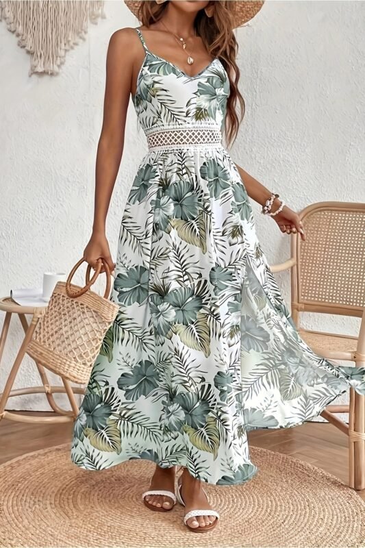 Gufumart Slit Printed V-Neck Cami Dress - Front view on mannequin