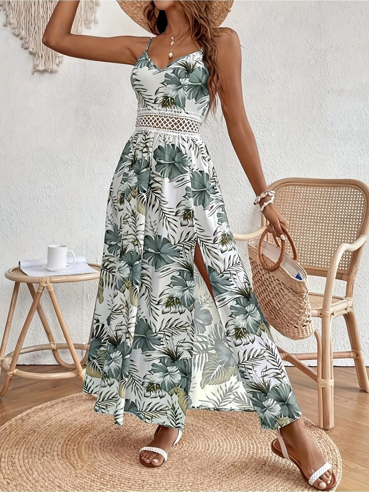 Model wearing Gufumart Slit Printed V-Neck Cami Dress, showcasing elegant slit detail