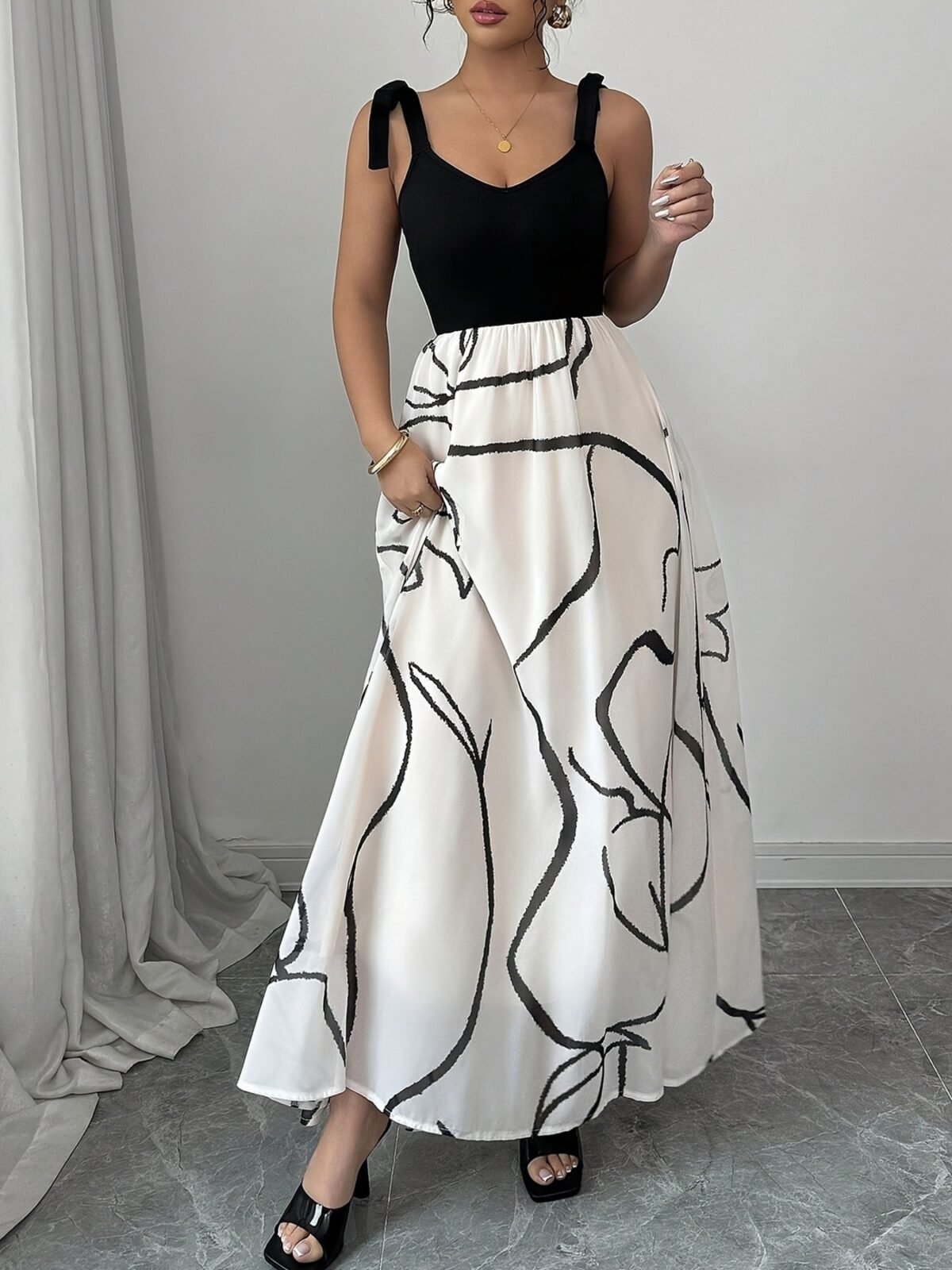 Tie Shoulder V-Neck Maxi Dress - Front view on mannequin