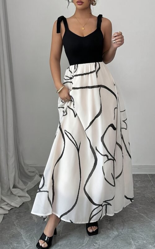 Tie Shoulder V-Neck Maxi Dress - Front view on mannequin
