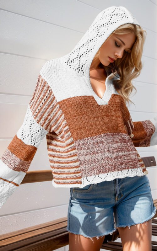 Stylish women’s Openwork Contrast Hooded Sweater with long sleeves and openwork knit design – front view