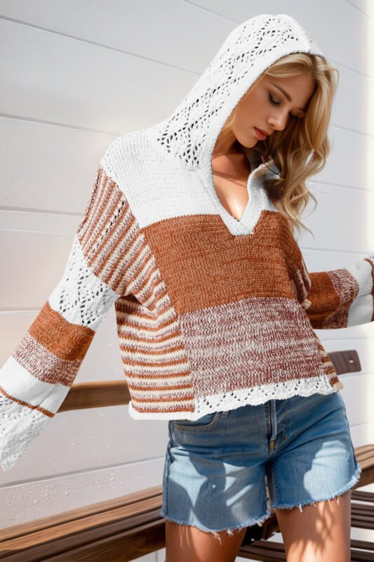 Stylish women’s Openwork Contrast Hooded Sweater with long sleeves and openwork knit design – front view