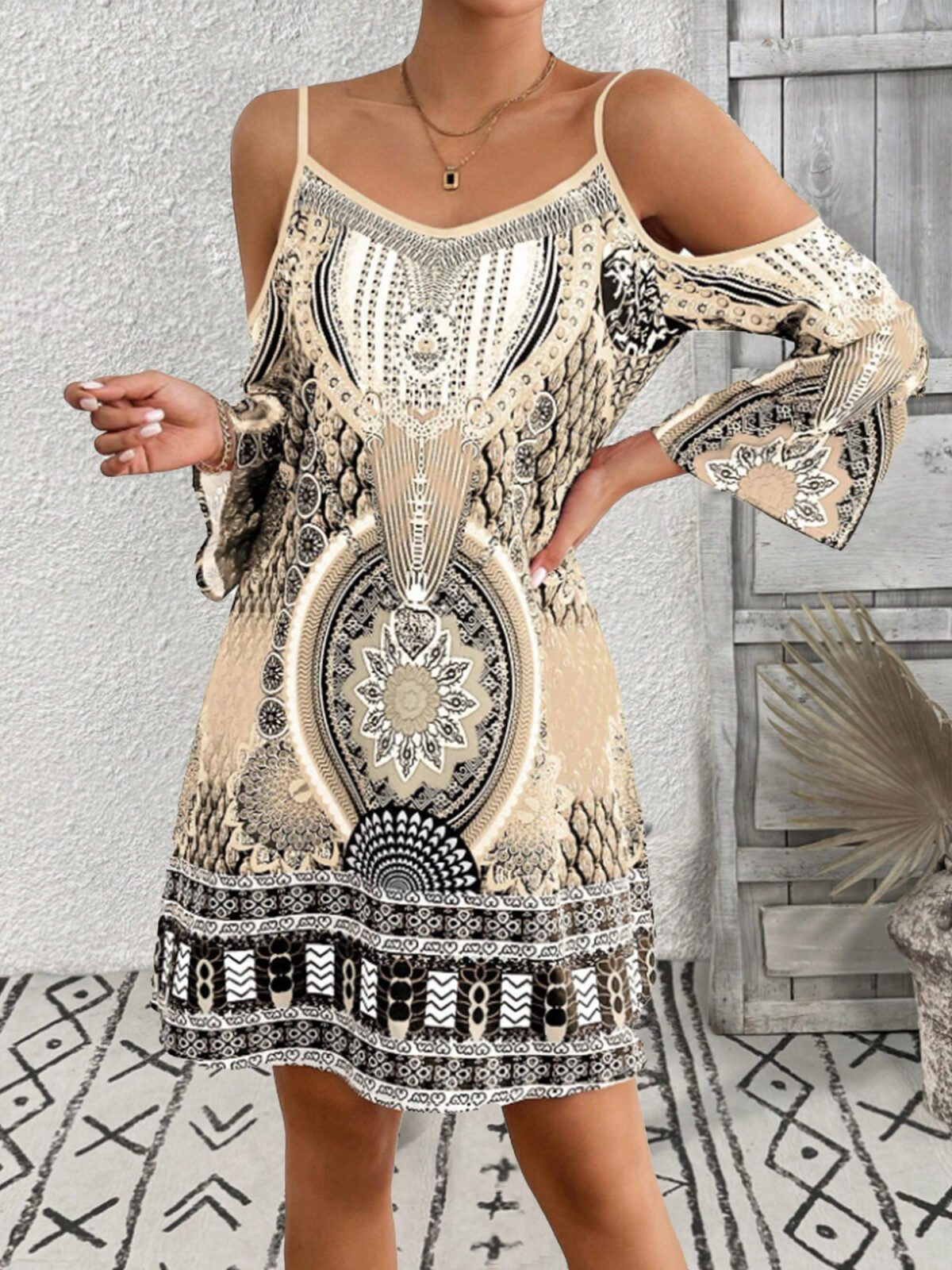 Women’s Printed Cold Shoulder Mini Dress with cutout shoulder design – front