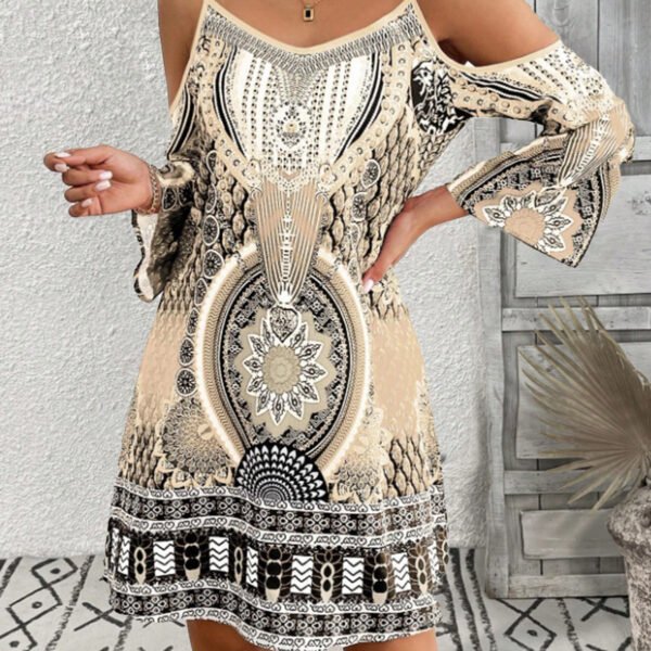 Women’s Printed Cold Shoulder Mini Dress with cutout shoulder design – front