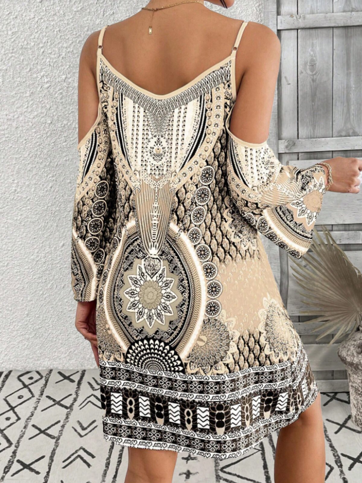 Model wearing Printed Cold Shoulder Mini Dress for casual and night looks