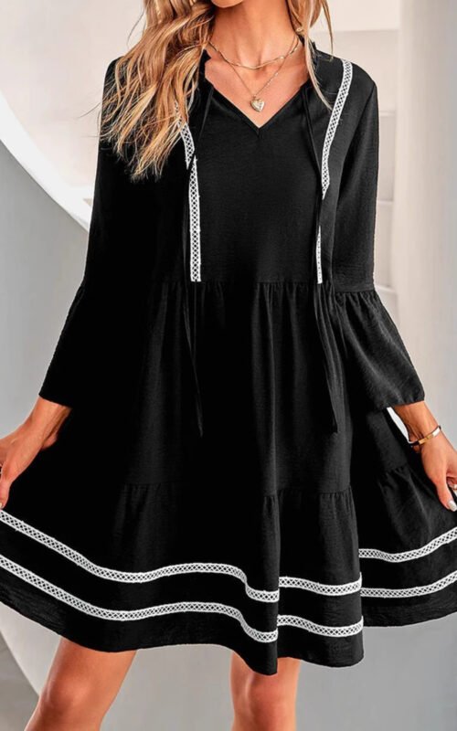 Black Long Sleeve Mini Dress with a Tiered Skirt and Contrast Trim