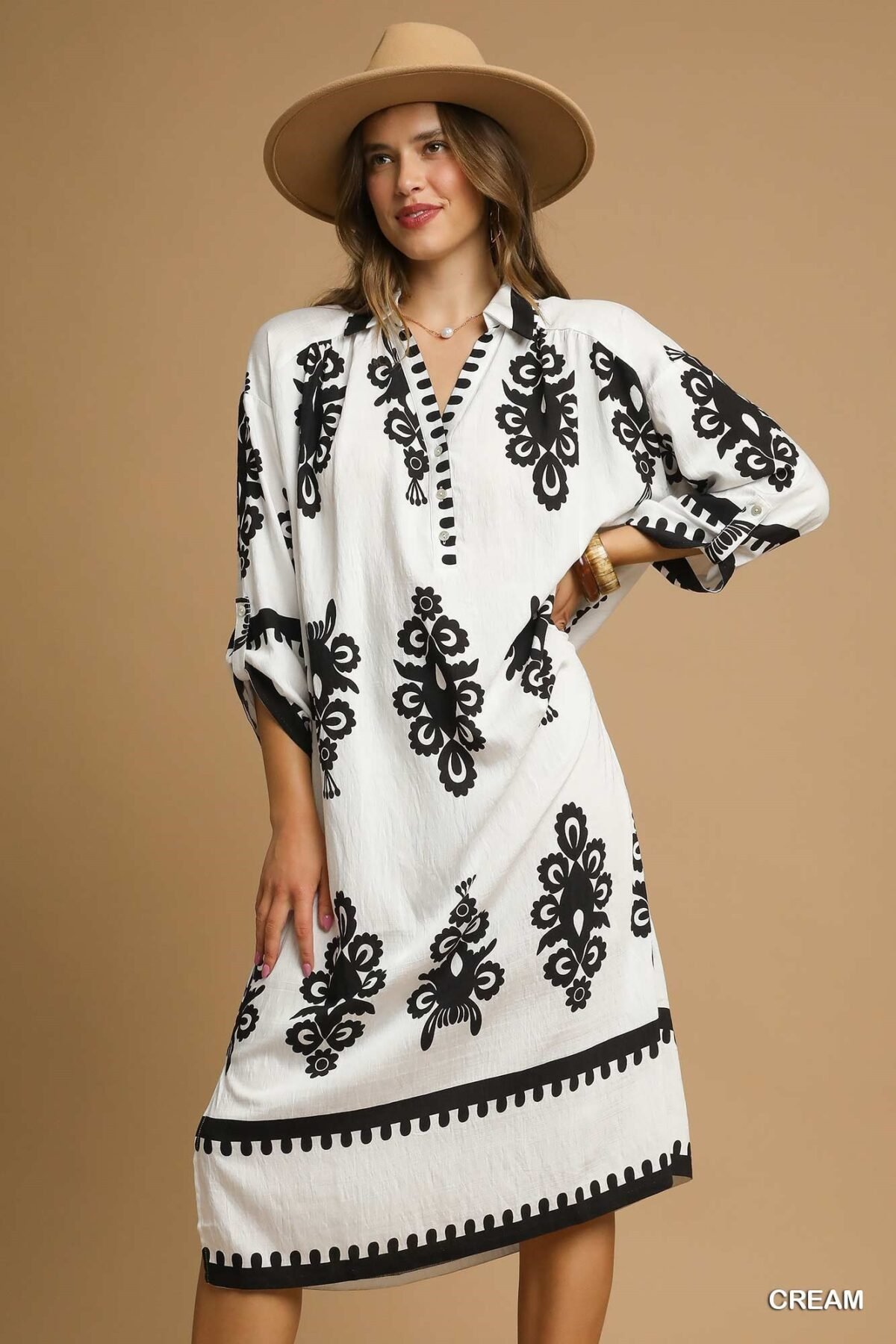 Umgee Abstract Print Midi Dress - Front view on mannequin
