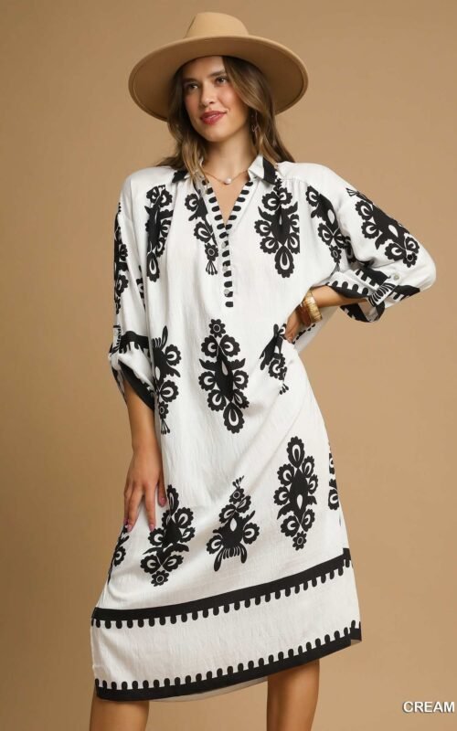 Umgee Abstract Print Midi Dress - Front view on mannequin