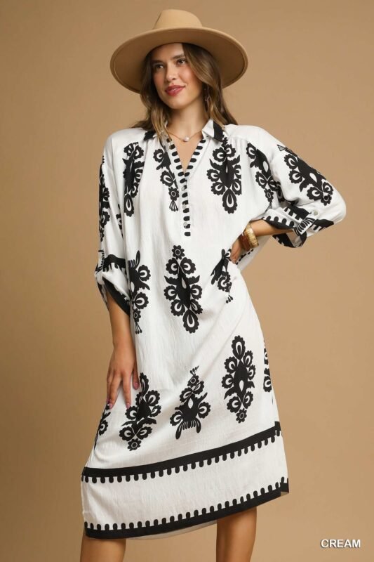 Umgee Abstract Print Midi Dress - Front view on mannequin