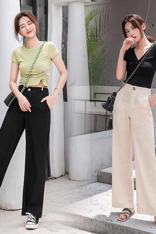 Outfit Idea with wide legged linen pants women​ and Heels