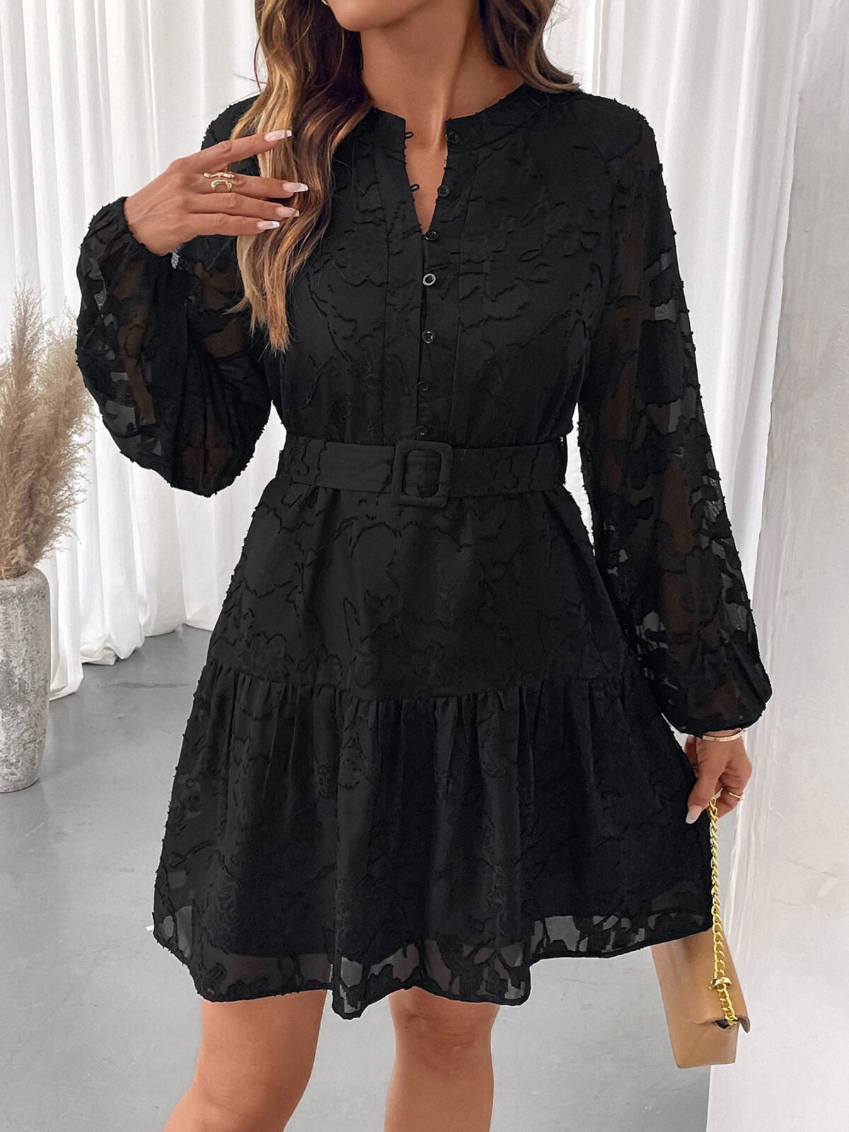 Long sleeve black mini dress button-front